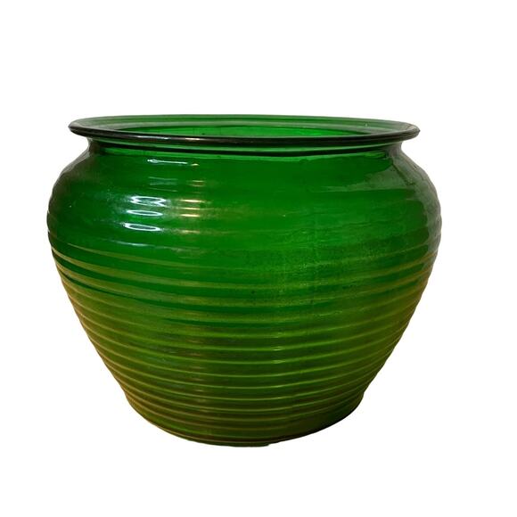 Vintage‎ Mid Century Emerald Kelly Green Ribbed Glass Vase Bee Hive Tabaco Jar - Picture 1 of 3